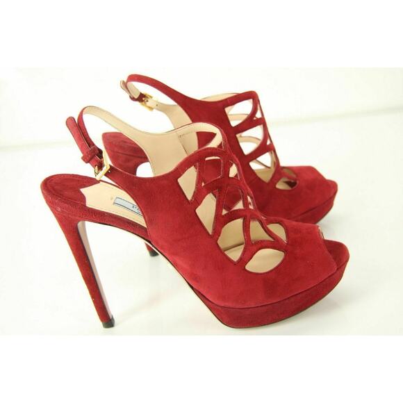 Prada Caged Red Suede Strappy Platform Open Toe Sandals - Picture 2 of 11
